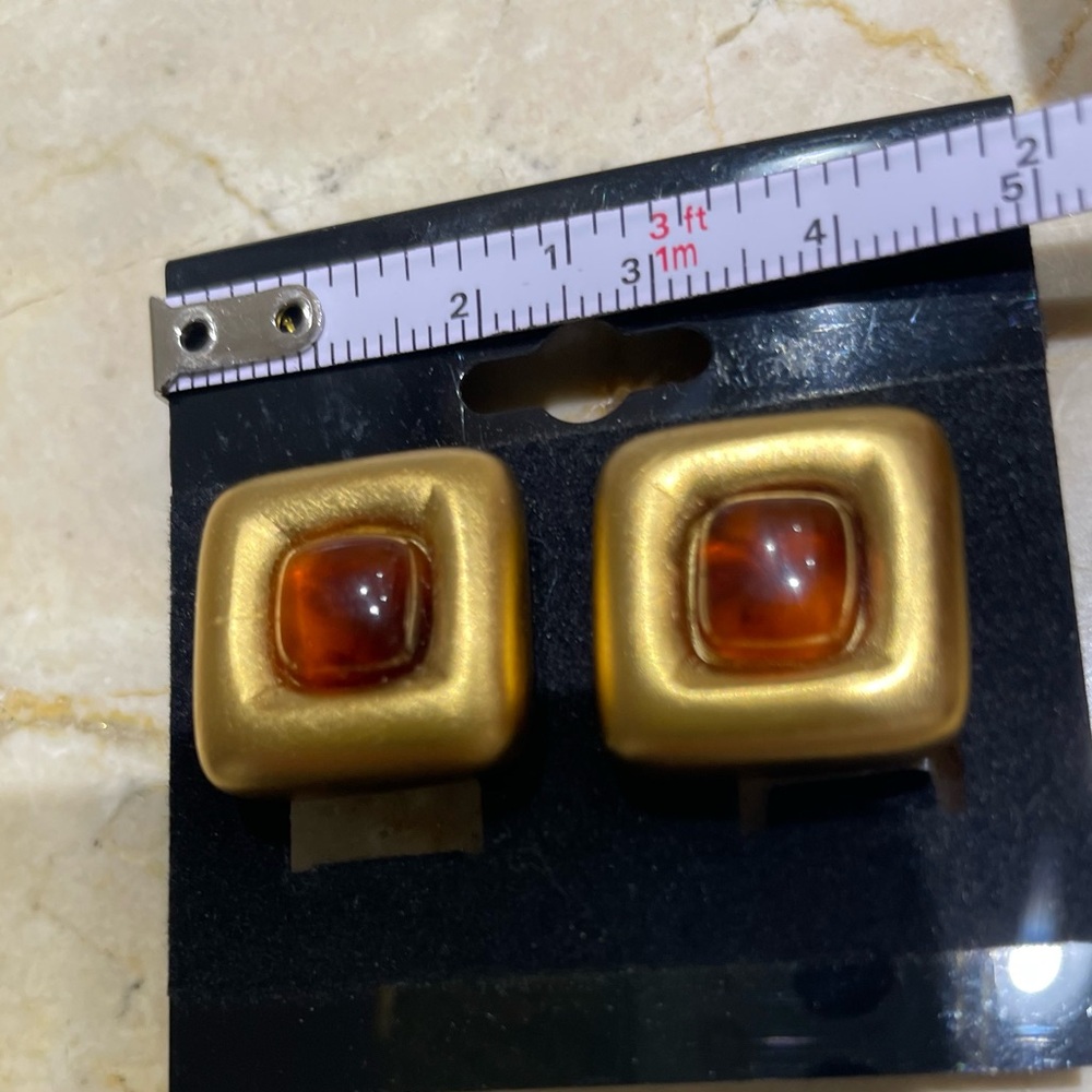 Vintage Givenchy Gold-Tone Faux Amber/Cabochon Clip-on Earrings - Picture 9 of 12